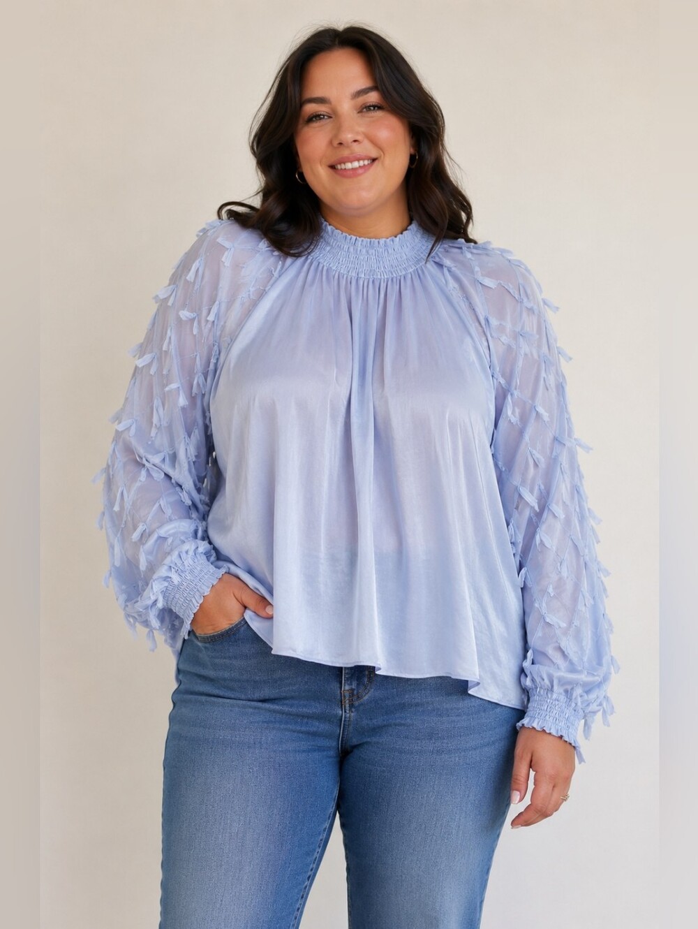 Cato Light 18/20 Blue Textured Sleeve Smocked Neck Blouse - Women Tops